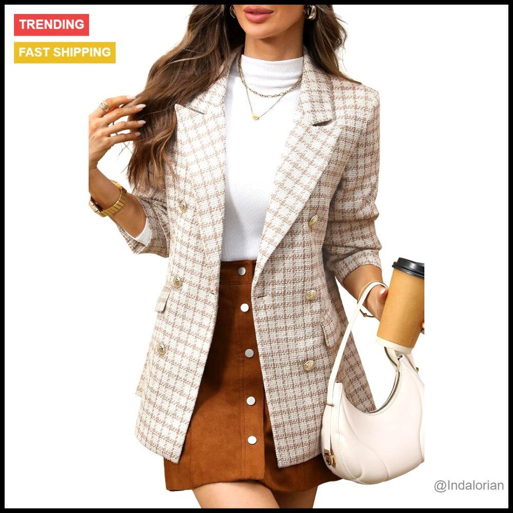 Oversized Plaid Tweed Blazer Boyfriend Style Double Breasted Casual Chic